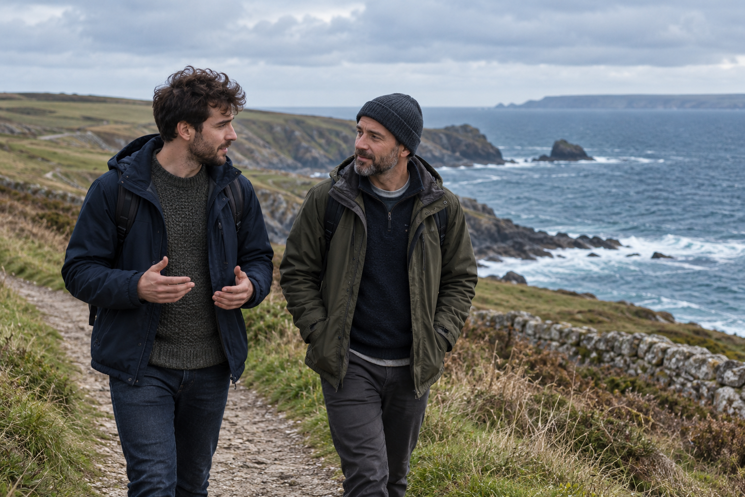 Two friends talking on a coastal walk