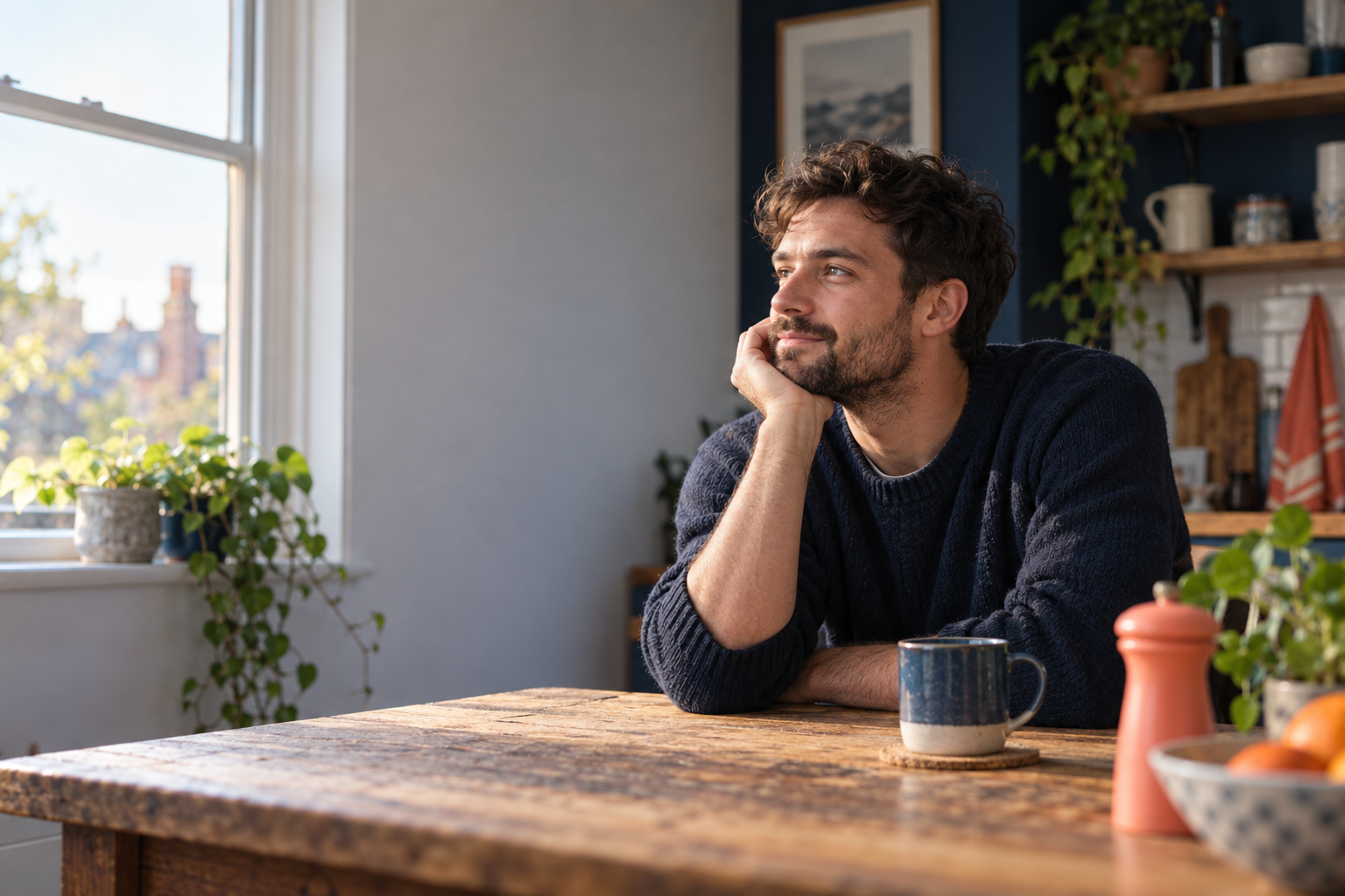A man reflecting at his kitchen table